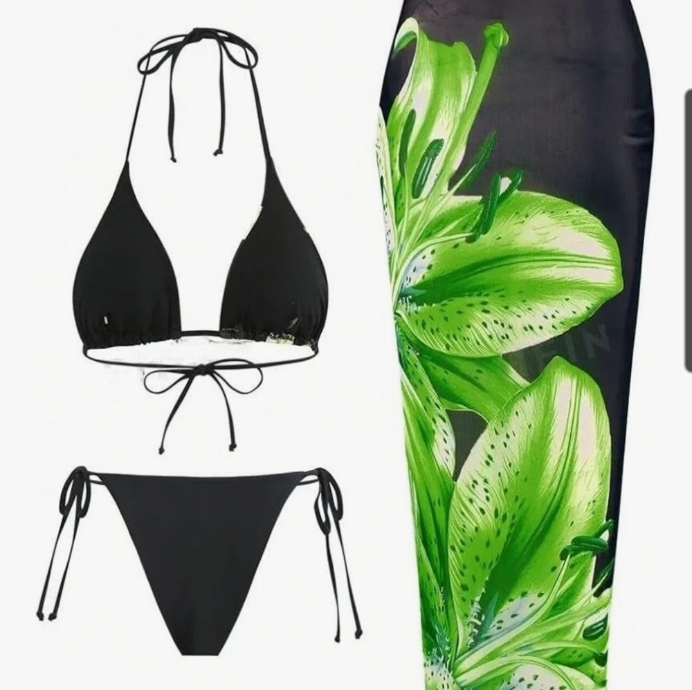 Black Bikini Set with Green Floral Sarong Size Med